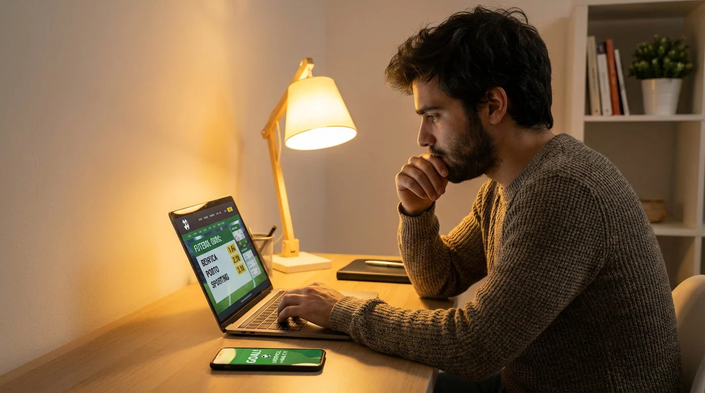 Apostador a analisar odds e freebets numa plataforma de apostas desportivas